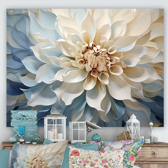 Designart Dahlia Wall art decor, Dahlia Wall Art, Minimalist Harmony Of White And Blue Dahlias , beige Canvas wall art, 40x30 inches