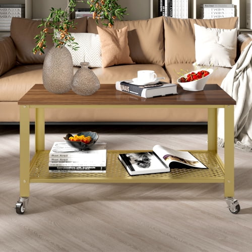 Rustic Coffee Table with Wheels, 2 Layer TV Stand with Gold Base for Living Room/Bedroom/Kitchen ...