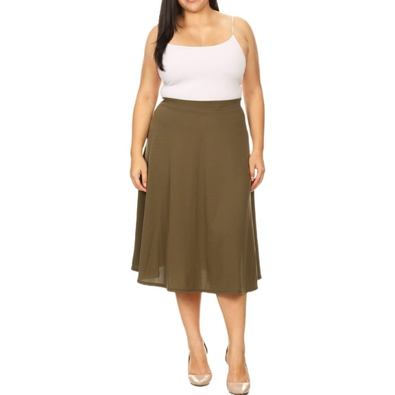 Women's Plus Size A-Line Flared Midi Skirt - Casual Solid with Elastic Band