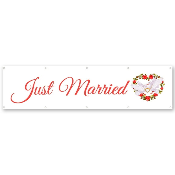 DianYu Just Married Flag Banner Outdoor Indoor Decoration Flag Double Stitched Polyester with Brass Grommets 2x8Feet white