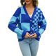 thumbnail image 2 of Cárdigan de Larga con Botones y Cuadros en Bloques de Color para Mujer, Suéteres de Punto A Cuadros, Ropa Y2K Azul S, 2 of 10