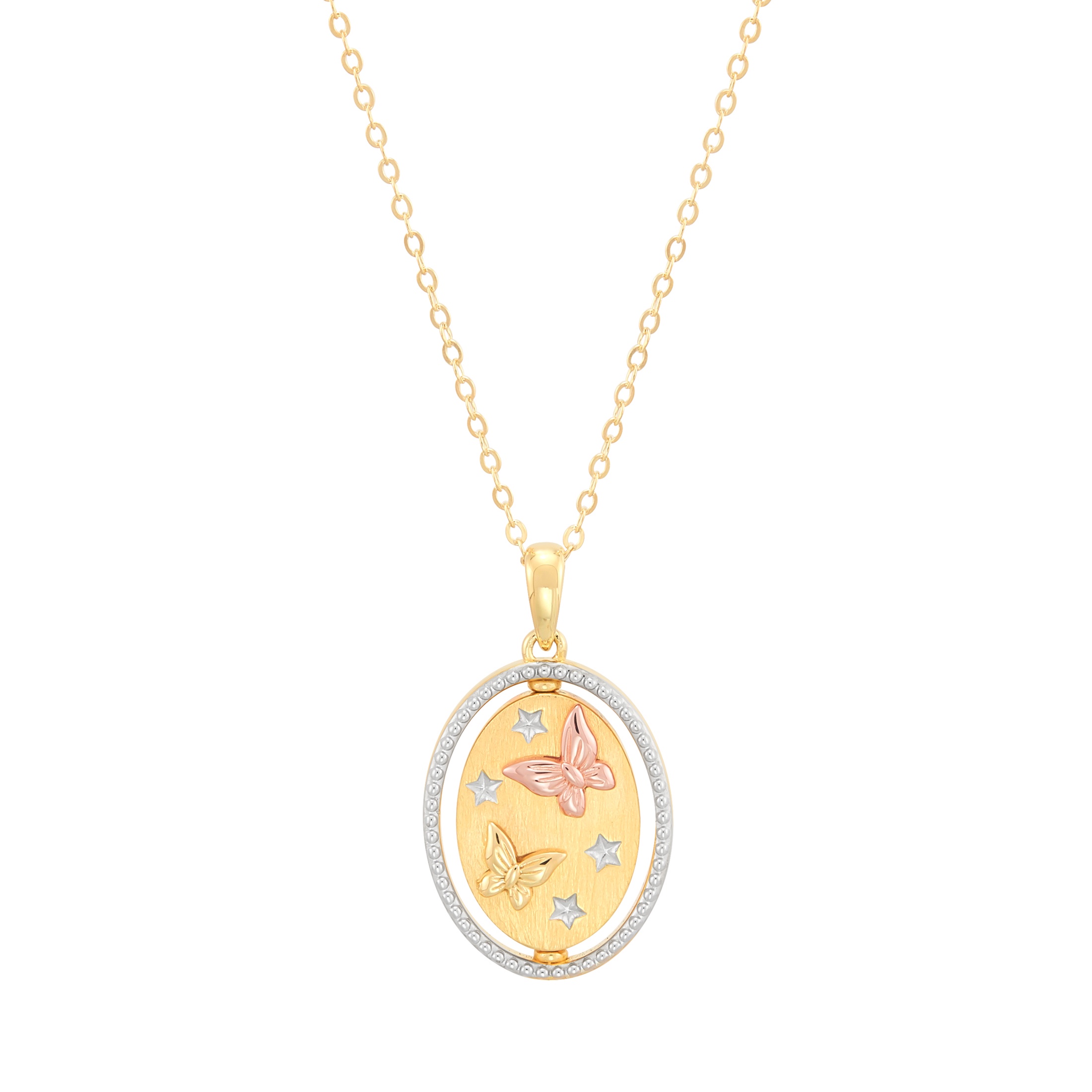 Brilliance Fine Jewelry Sterling Silver 14KT Gold Plated Spinning Butterfies Oval Pendant Necklace, 20"