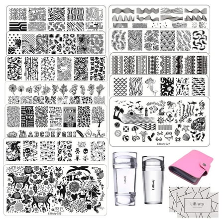 LiBiuty Nail Stamping Kit 12Pcs Nail Template Set Nail Plates Nail Stamping Templates with 2 Stamper 2 Scraper 1 Nail Plate Storage Bag Organizer