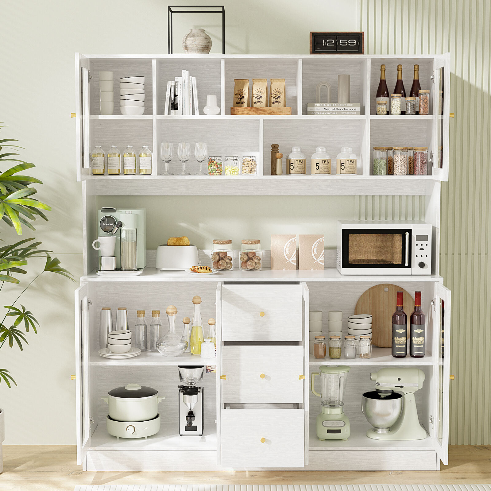 RichYa 59.1"W Large Kitchen Pantry Hutch Cabinet, Tall Coffee Bar Storage Cabinet with 6 Glass Doors, 3 Drawers & Microwave Shelf, Freestanding Cupboard with Large Countertop,White