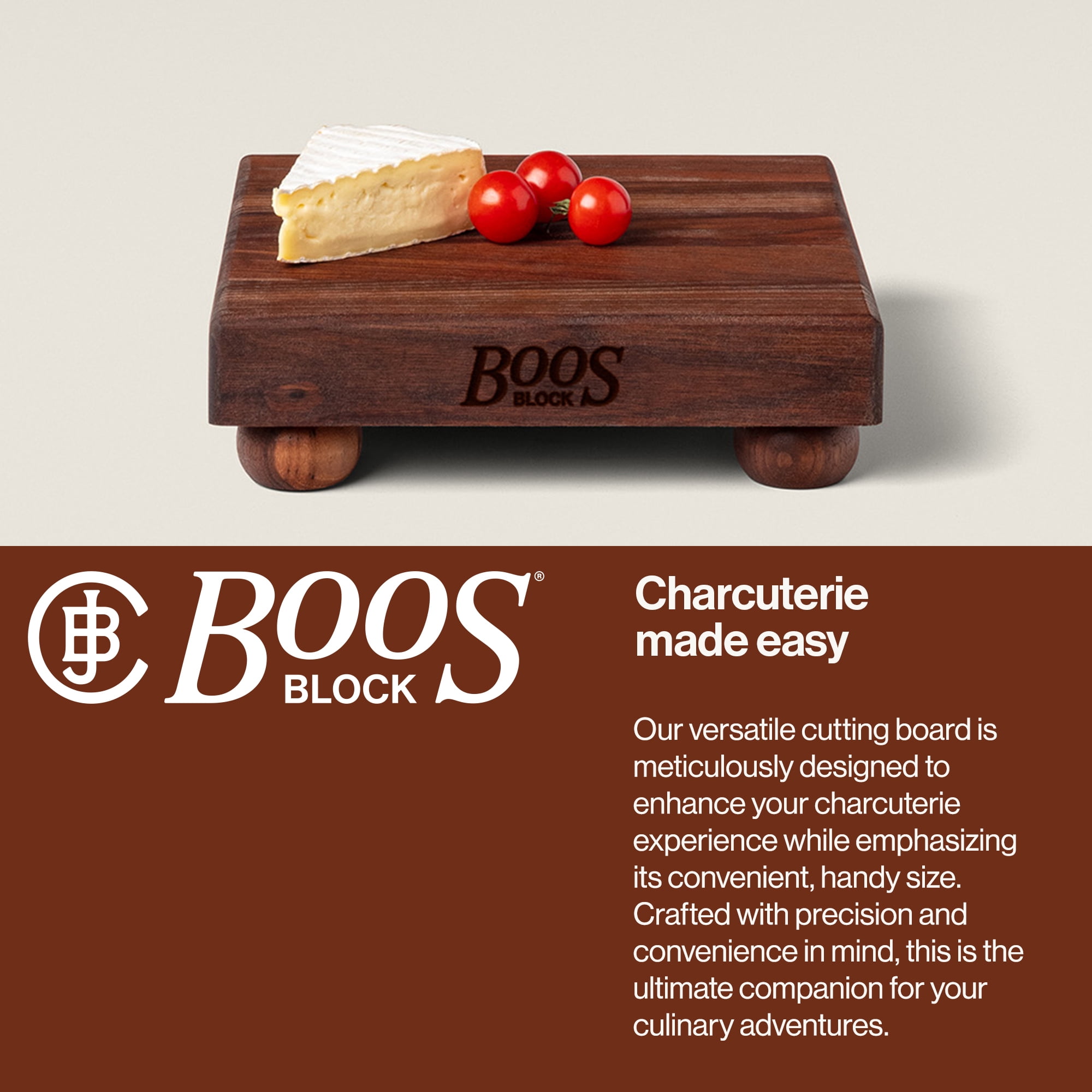John Boos B Series Square Wood Cutting Board with Feet, 9" x 9", Walnut