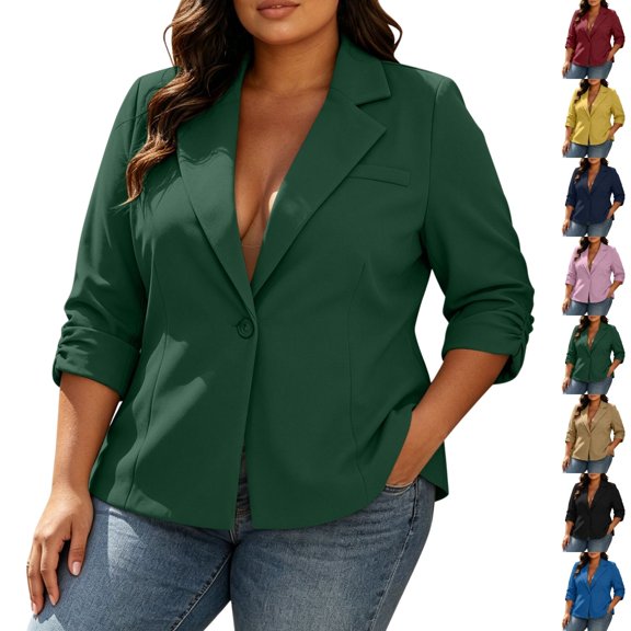 Fengactive Womens Plus Size Blazer 3/4 Sleeve Lapel Single Button Ruched Lined Casual Office Coat