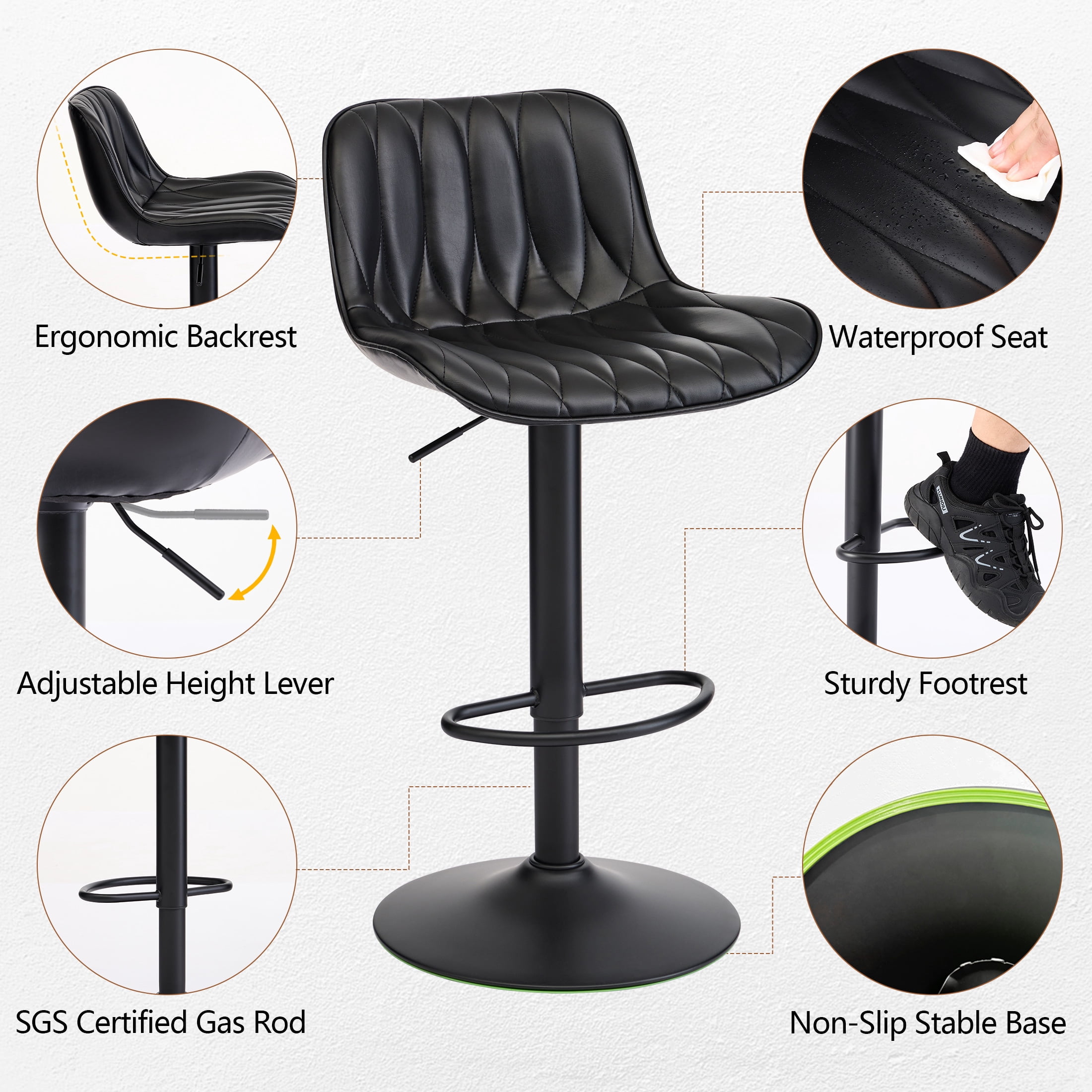 FIRAVOE Swivel Bar Stools Set of 3 (Adjustable Height 25"-33") Counter Height Bar Stools with Back, Modern Faux Leather Black Barstools for Kitchen Island