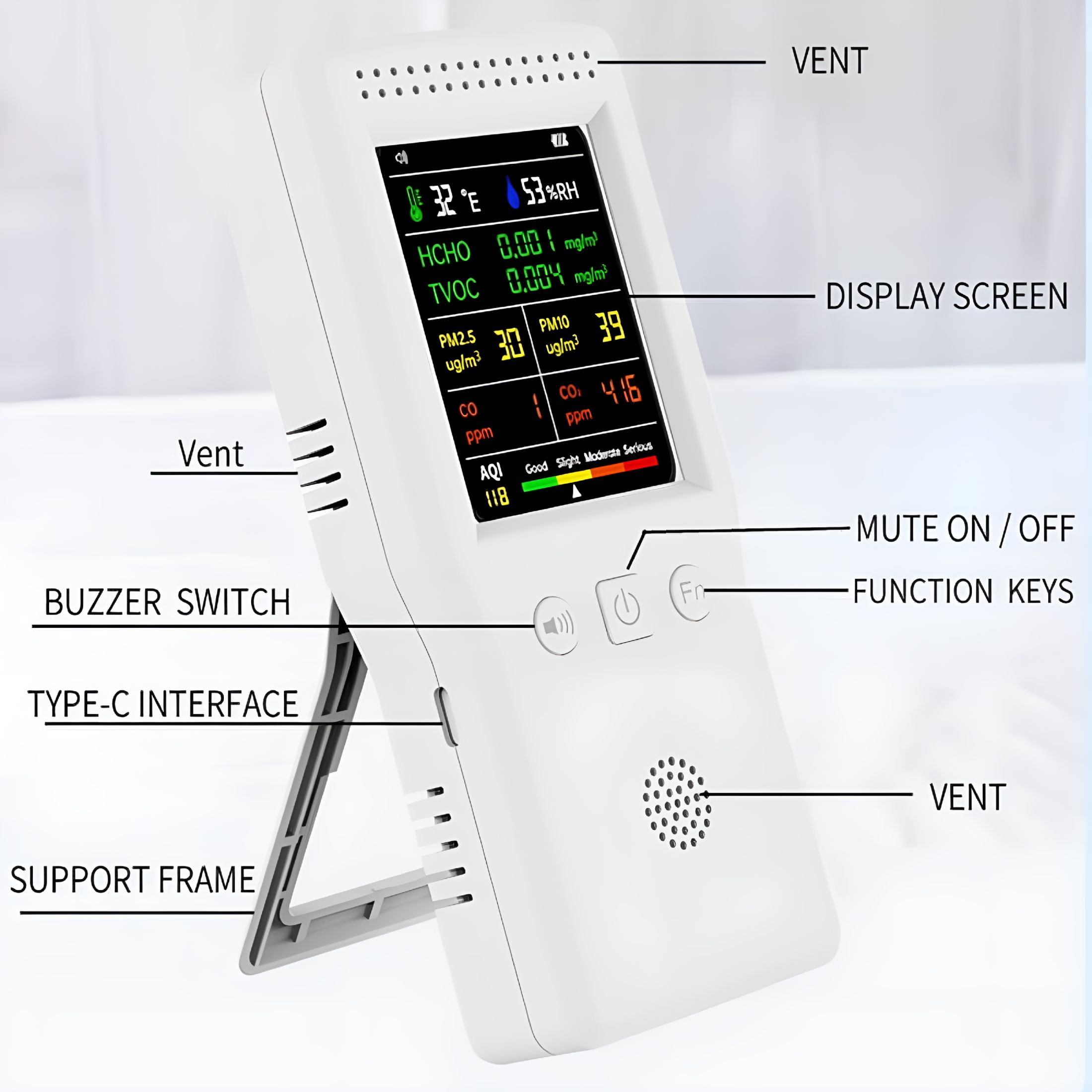 GJX 9 In 1 Handheld Air Quality Detector PM2.5 PM10 HCHO TVOC CO CO2 AQI Temperature Humidity Air Quality Monitor LCD Display (black)