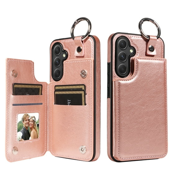 TECH CIRCLE For Galaxy A12 Wallet Case with Card Holder, PU Leather Kickstand Finger Grip Ring Shockproof Women Men Magnetic Protective Wallet Cover for Samsung Galaxy A12 6.5" 2021,Rosegold