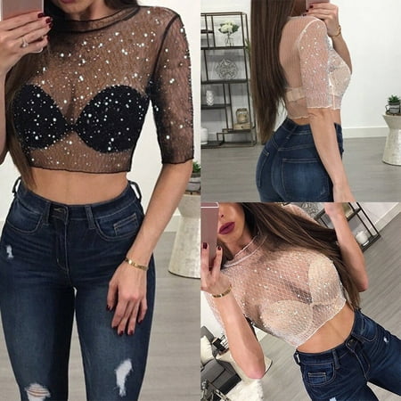 New Fashion Sexy Women Sequin Crop Tops Summer Short Sleeve See Through Hollow Out Sexy Tops Wear Sexy Evening Party