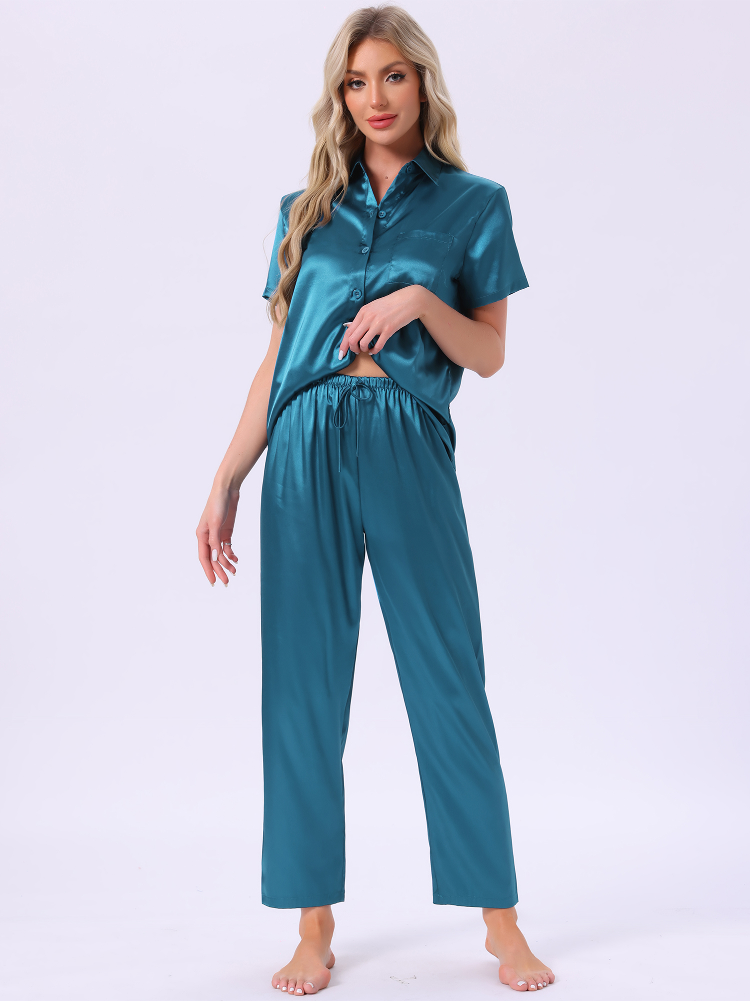 DARING DIVA Satin Pajamas Silky Button Down Short Sleeve Shirt Pants Set L Peacock Blue