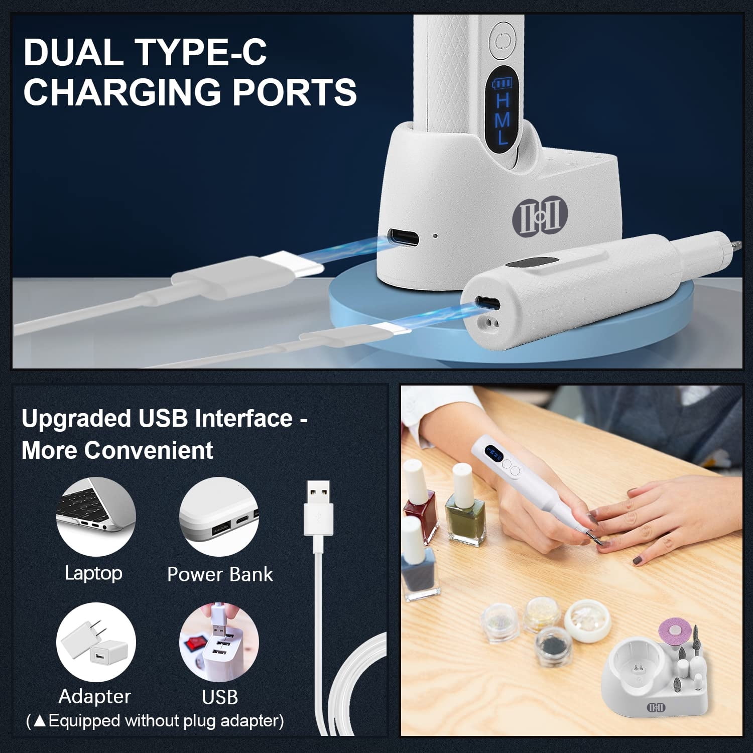 Electric Nail Drill Machine, CIICII LCD Display 20000RPM Electric Nail Drill Kit, for Acrylic Nails, Gel Nails Polish & DIY Manicure- White