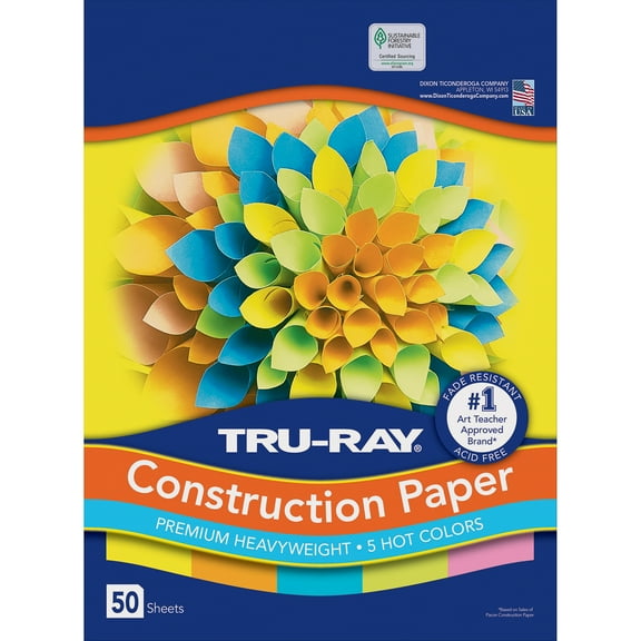 Tru-Ray Construction Paper, Heavyweight, 5 Assorted Hot Colors, 12" x 18", 50 Sheets