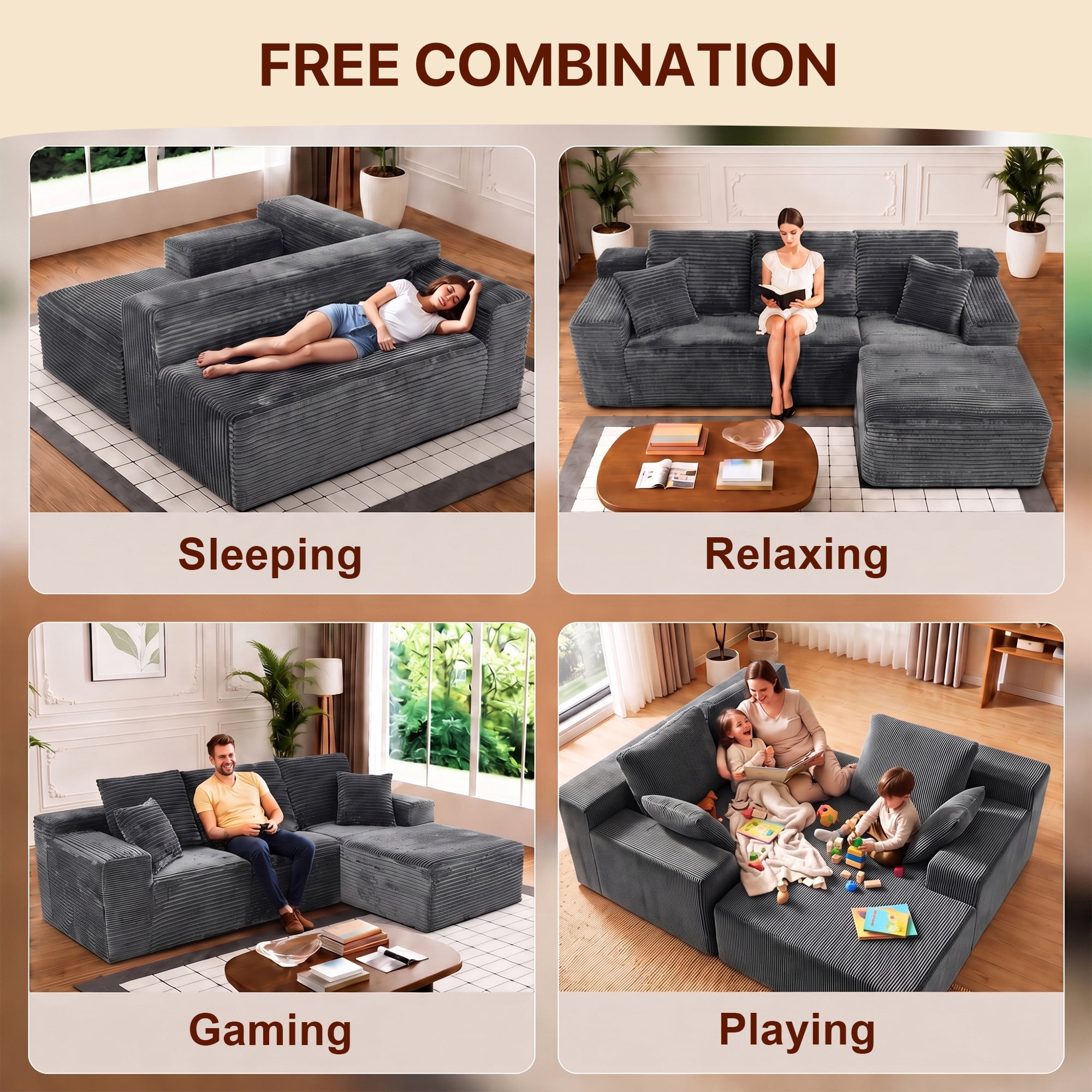 Aukfa 108" Cloud Sectional Sofa Deep Seat Boneless Couch Modular L-Shaped Couch, Rihgt Chaise Corduroy Sofa for Living Room, Gray