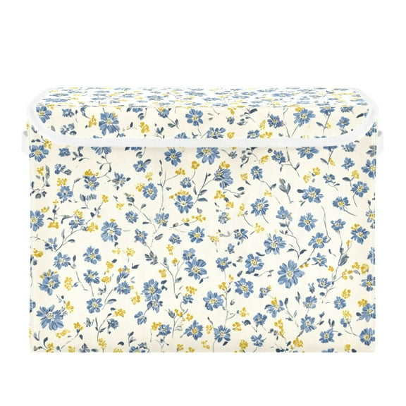 Blue Yellow Small Flowers Foldable Storage Bin with Lid and Handle Collapsible Storage Box 16.5 x 12.6 x 11.8 inches