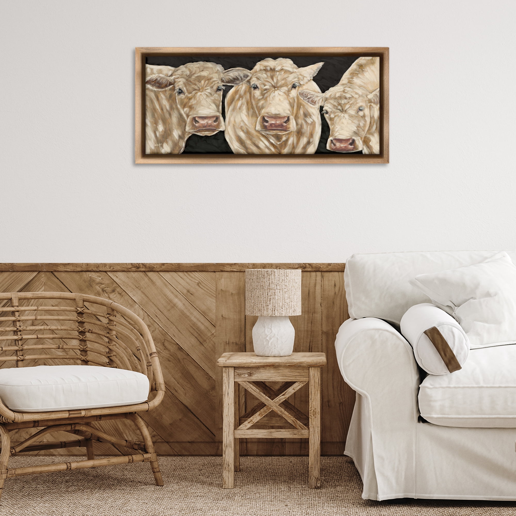 Stupell Industries Three Sheep on Black Animals Painting Brown Floater Framed Canvas Art Print Wall Art, 31 x 14