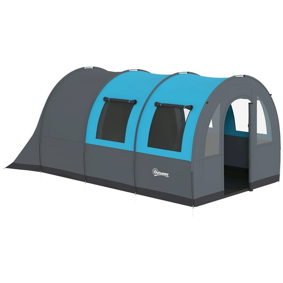 Outsunny 5-6 Person Camping Tent, Waterproof Tunnel Family Tent, Grey/Blue