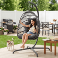 thumbnail image 5 of RADIATA Outdoor Foldable Hanging Egg Chair with Stand, PE Wicker Indoor Outdoor Swing Chair with 5" Cushion and Headrest, 350 lbs Capacity, Dark Gray, 5 of 10