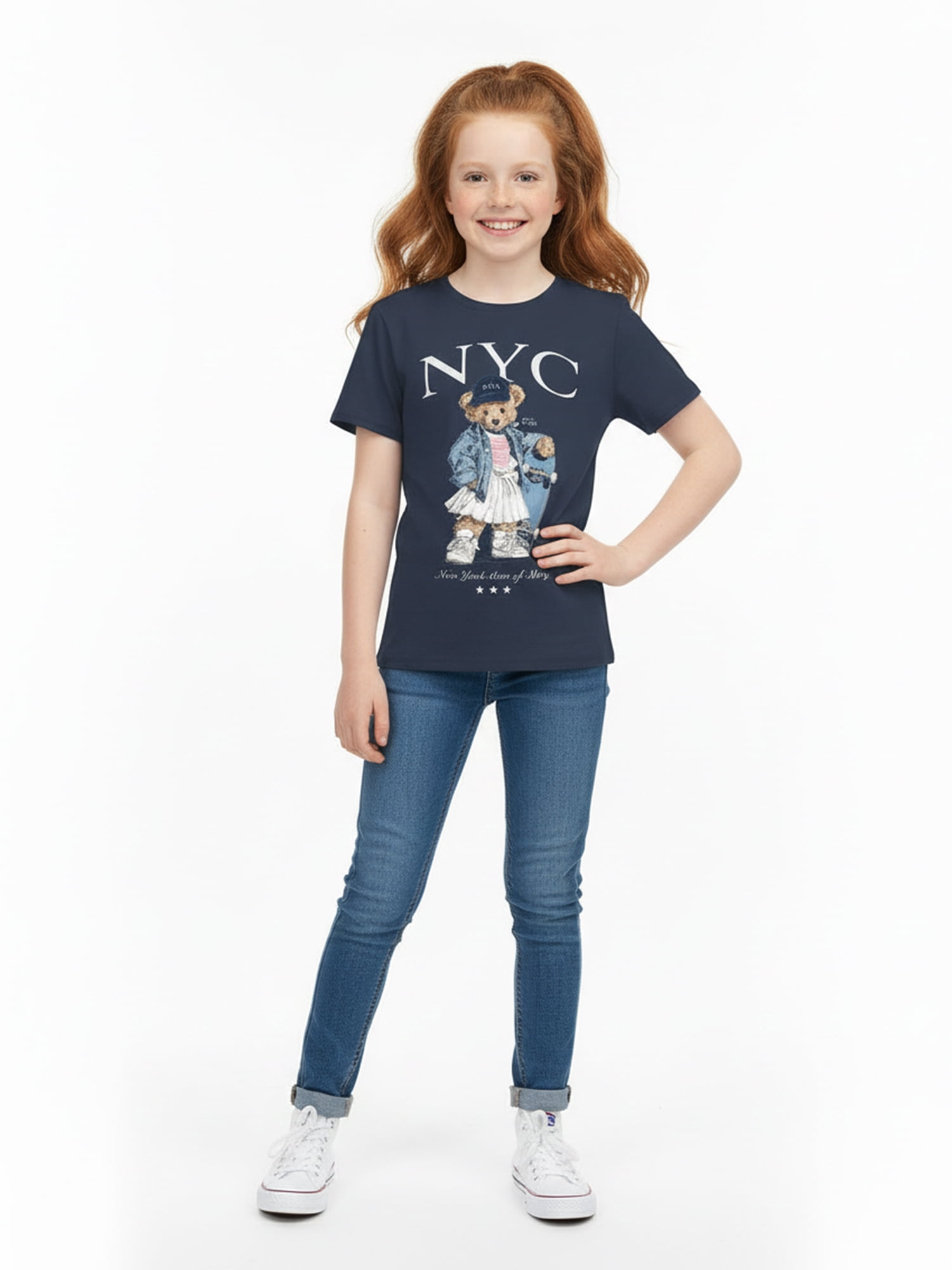 Wonder Nation Girls' Graphic Skater Bear Tee with Short Sleeves, Sizes 4-18