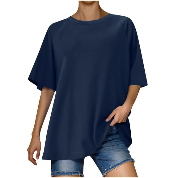 Olyvenn Womens Oversized Summer T Shirts Fashion Workout Plus Size Tops Short Sleeve Beach Vacation Gym Clothes 2025 Navy M