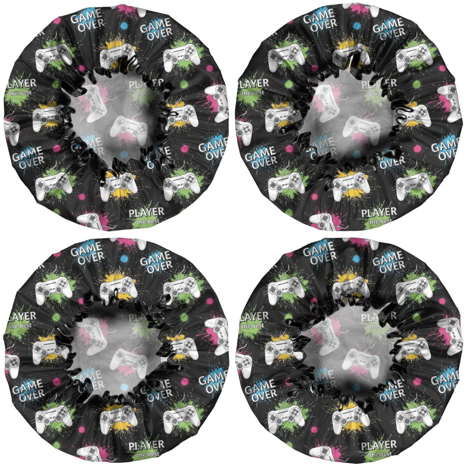 Shower Caps,Neon Controllers Games Icons Black Pattern Waterproof Shower Cap for Women 4 Pieces,Double Reusable Hair Cover for Shower PEVA Elastic Stretch Hem