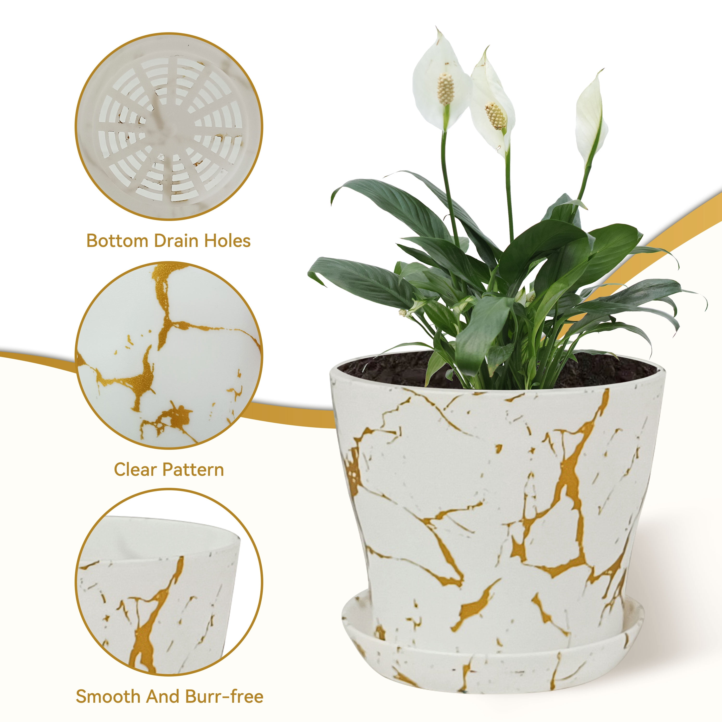 Set of 4 Plastic Printed Planters with Drainage Holes and Saucers,Diam 4.7Inch Home Decor Flower Pots for Indoor Planter - Plastic Planters Pot for Indoor Plants, Cactus, Succulents