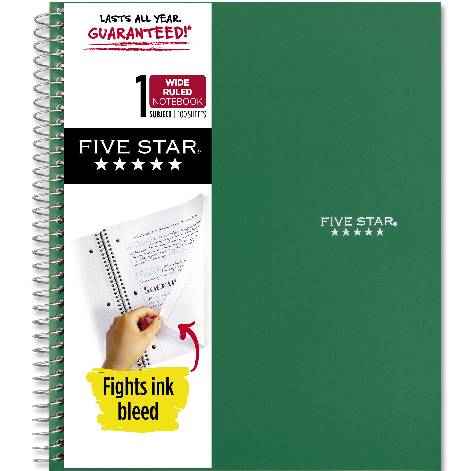 Five Star Spiral Notebook, 1 Subject, Wide Ruled, 8" x 10 1/2", Forest Green (930010CE1-WMT)