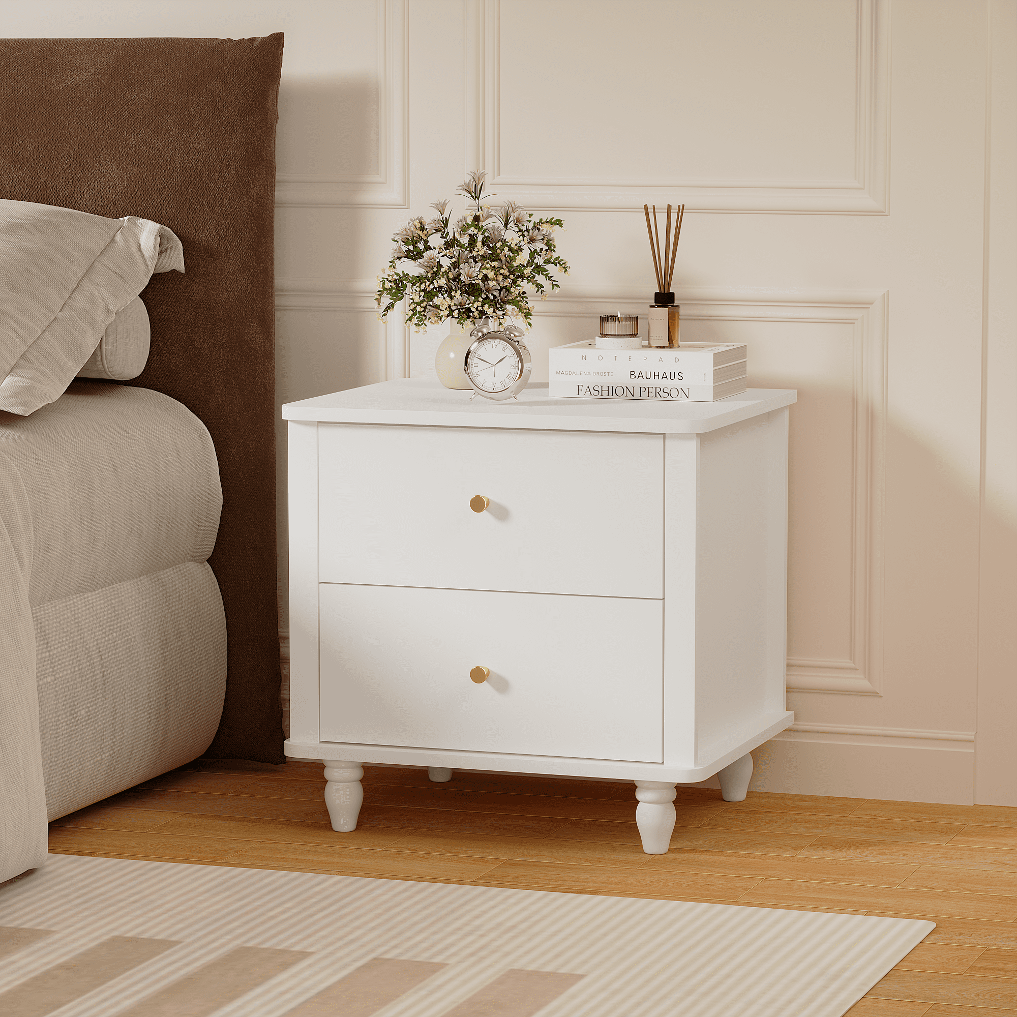 Modern 2-Drawer Nightstand, MDF Wooden Bedside Table with Round Knobs, Small Bedside Cabinet End Table for Bedroom, Living Room, Kids Room, White