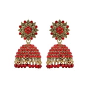 Crunchy Fashion Bollywood Jewellery Traditional Ethnic Bridal Bride Wedding Bridesmaid Gold-Plated Red Stone Floral Jhumka Earrings