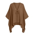 thumbnail image 6 of VBVC Women's Cotton Linen V Neck Tie Front Tunic, Ladies' Loose Batwing Sleeve Blouse, Casual Asymmetrical Vacation Top For Women, Coffee , S-2XL, 6 of 10