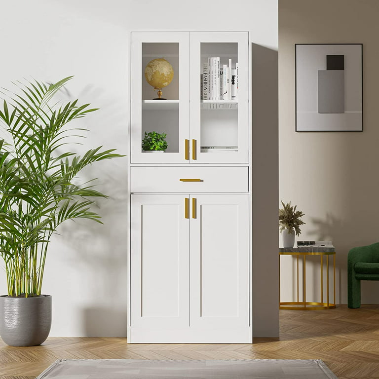 Cozy Castle 70 inch Tall White Display Cabinet, Pantry Cabinet with Acrylic Glass Doors and Drawer, China Cabinet, Office Storage Cabinet, Bookcase