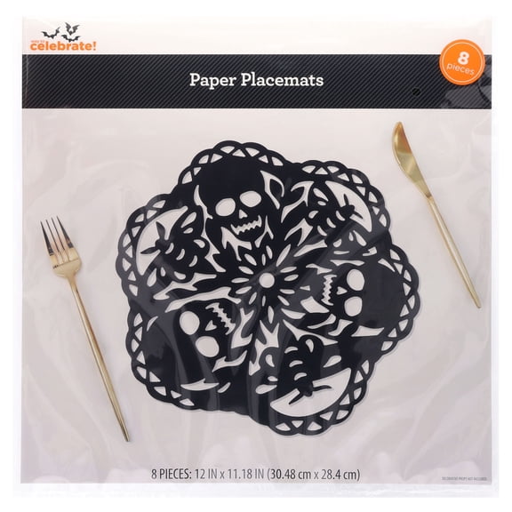 Cutout Skulls Paper Placemats, Black, 8 Count, Halloween by Way To Celebrate