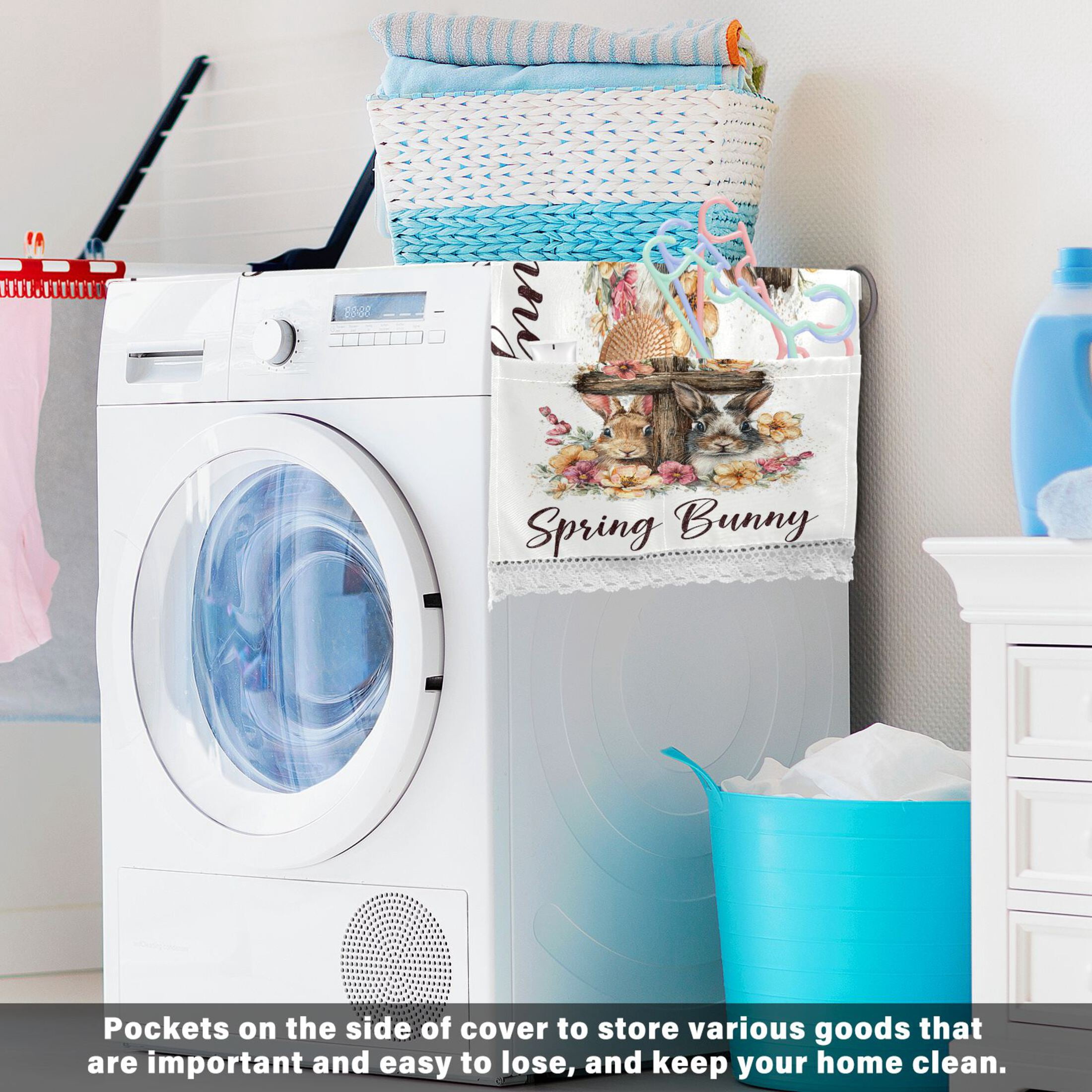 Wobogo Floral Bunny Cross Washing Machine Cover Dustproof Washer Dryer Cover Waterproof Laundry Room Decorative Protector