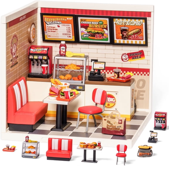 ROBOTIME DIY Miniature Dollhouse Super Creator-Yum Yum Burgers Plastic Building Set Toys Playset Gifts for Teens Adults