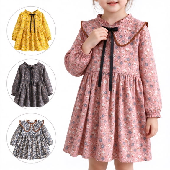 SROBPTY Child Girls Dresses Print Collared Long Sleeve Floral Mid-Length Sundress for 2-7Y