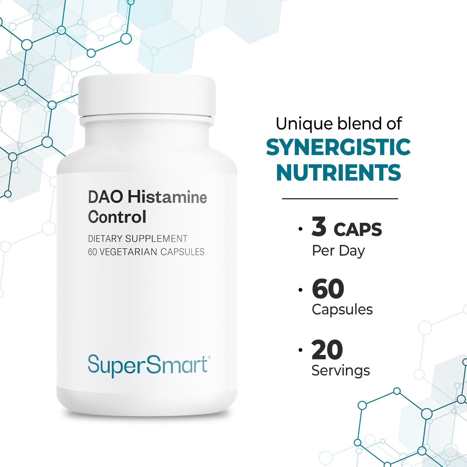 SuperSmart DAO Histamine Control (High Potency) - Micro-Encapsulated Pea Sprouts DAO Enzyme - Enhanced with Quercetin & Vitamin C - Diamine Oxidase Supplement | Vegan - 60 Vegetarian Capsules