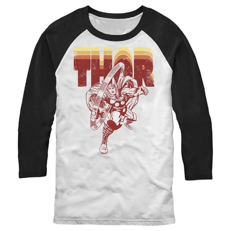Men s Marvel Thor Retro Name Stack Portrait Baseball Graphic Tee White/Black Small