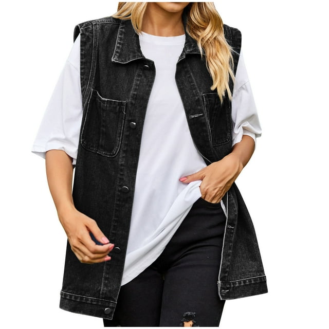 Yuyuzo Gilet en Jean pour Femmes Col Rabattu Bouton Veste Vintage Décontractée avec Poches