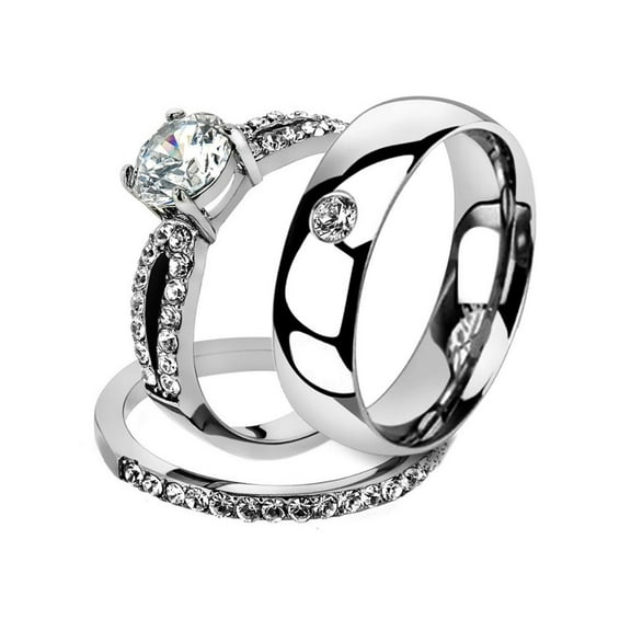 His & Her 3 Pc Stainless Steel 1.25 Ct Cz Bridal Set & Men Zirconia Wedding Band Women's Women's Size 10 Men's Size 12