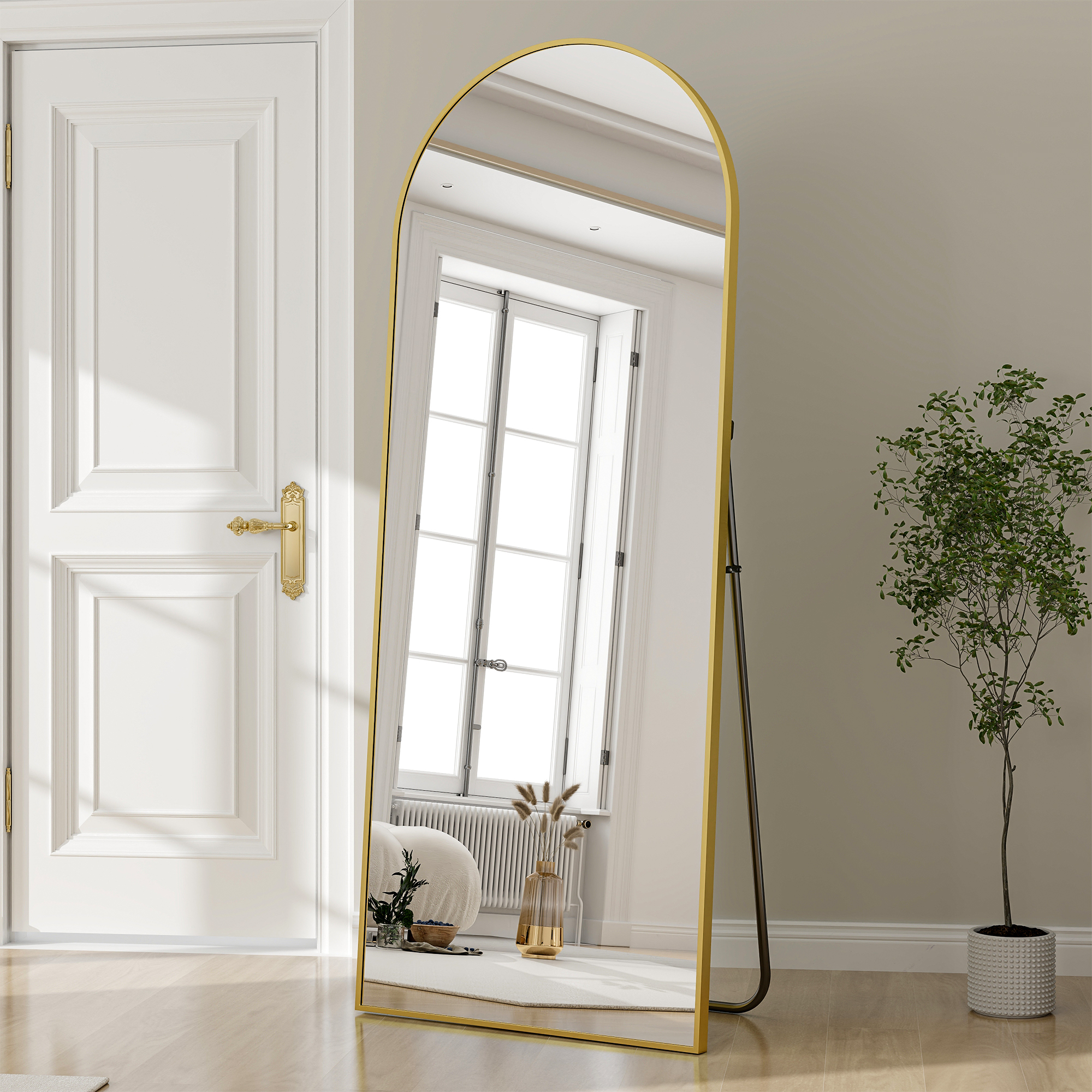 Anyrose 24"x65" Full Length Mirror with Arch-Top Standing Mirror Wall Mounted, Gold