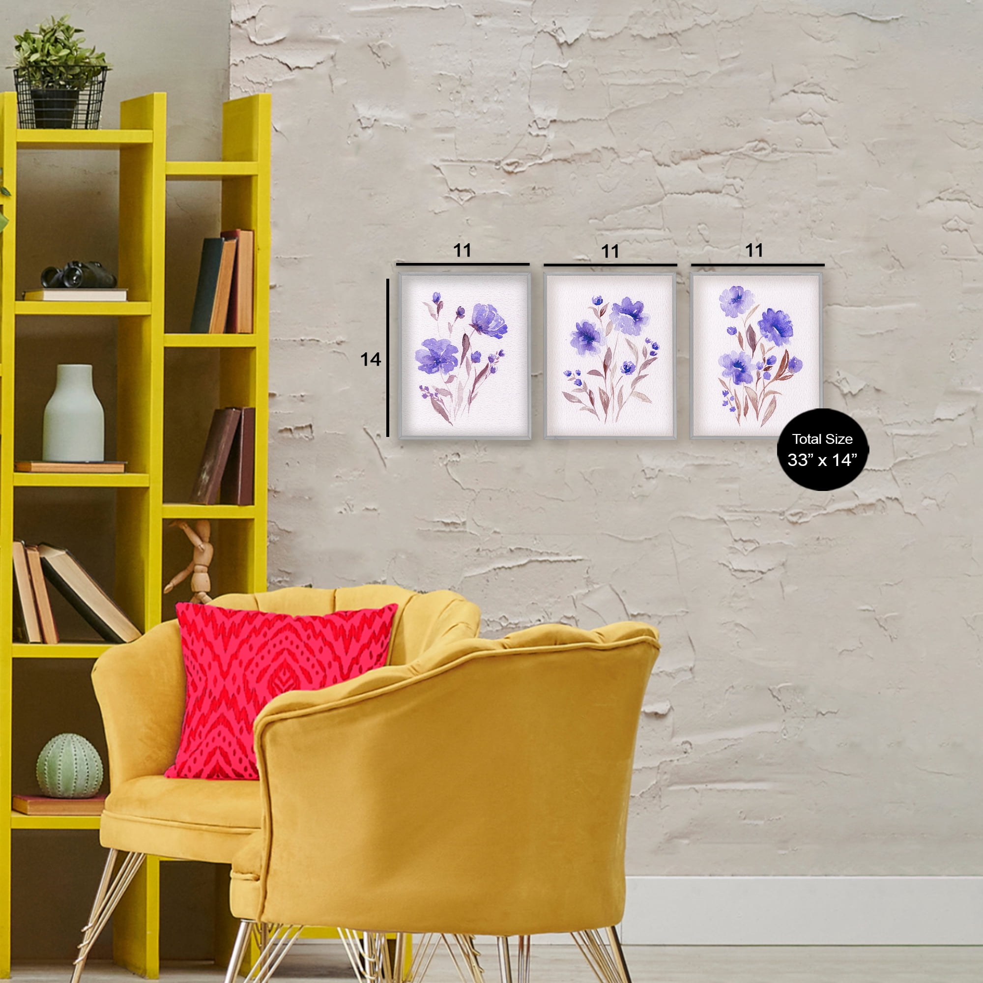 Stupell Industries Watercolor Purple Blooms 3 Piece Gray Framed Giclee Art Set, design by Leah Noel Art