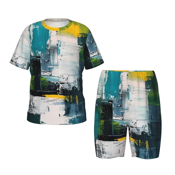 Fotbe Abstract Brushstrokes Green Blue Pijama Estampada de 2 Piezas para Niños – Ropa de Dormir de Manga Corta Cómoda para Niños y Niñas, Camiseta y Shorts de Algodón-X-Large