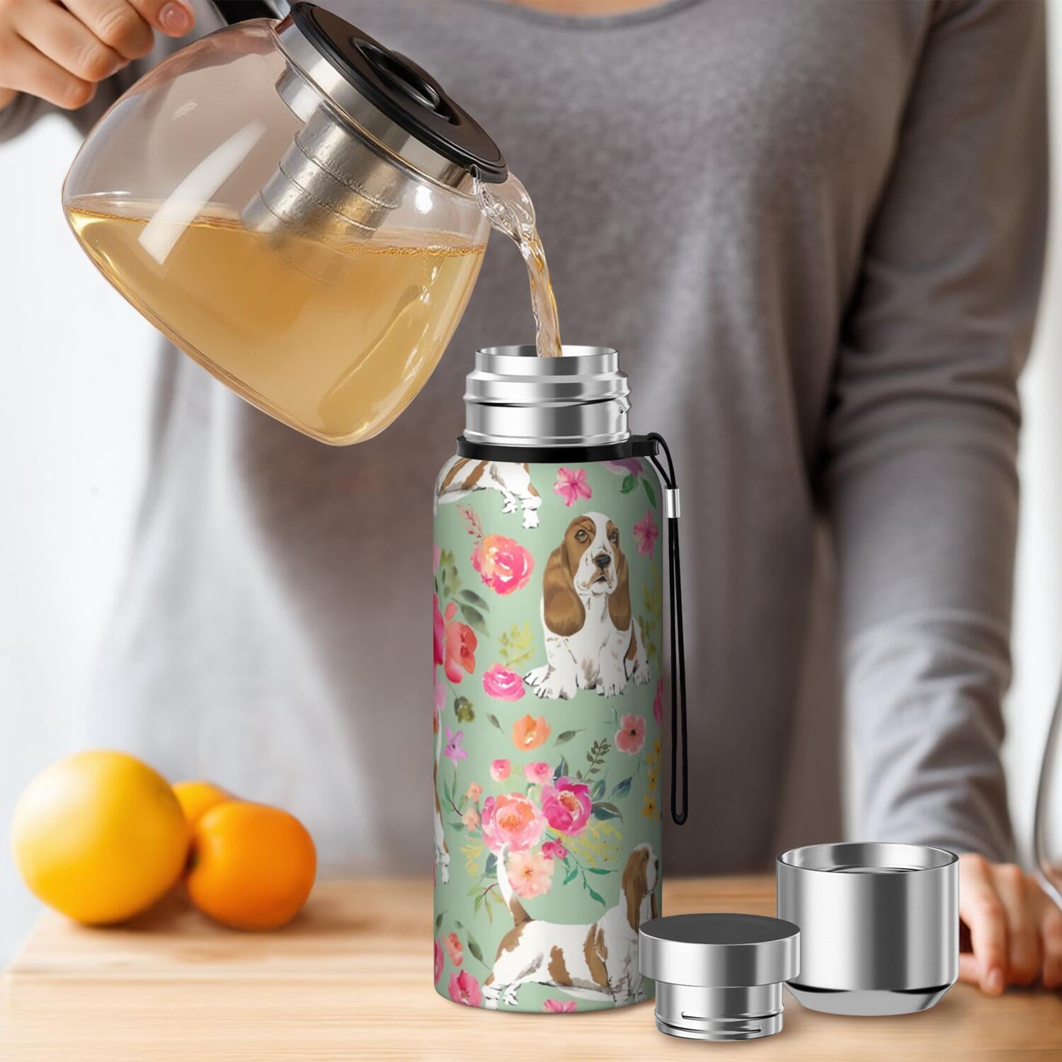 20 Oz Basset Hound and Flowers Coffee Tumbler Double Wall Insulated Stainless Steel Water Bottle | Metal Reusable Thermoses Flask with Cup Cap | Leak & Sweat Proof with Anti-Dust Lid