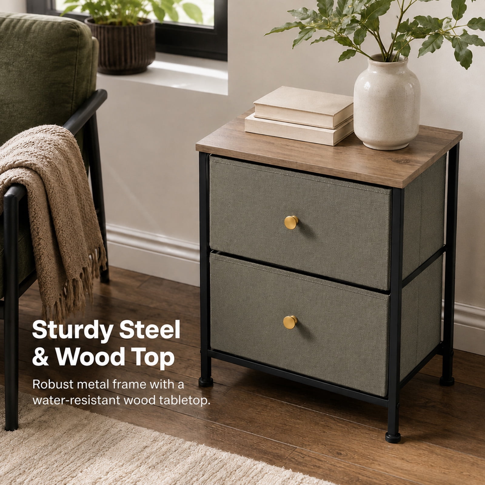 Alvantor Nightstand with 2 Storage Drawers, Small Bedside Table, Small Dresser with Sturdy Wooden Top for Daily Essentials, Compact Nightstand for Bedroom and Small Spaces