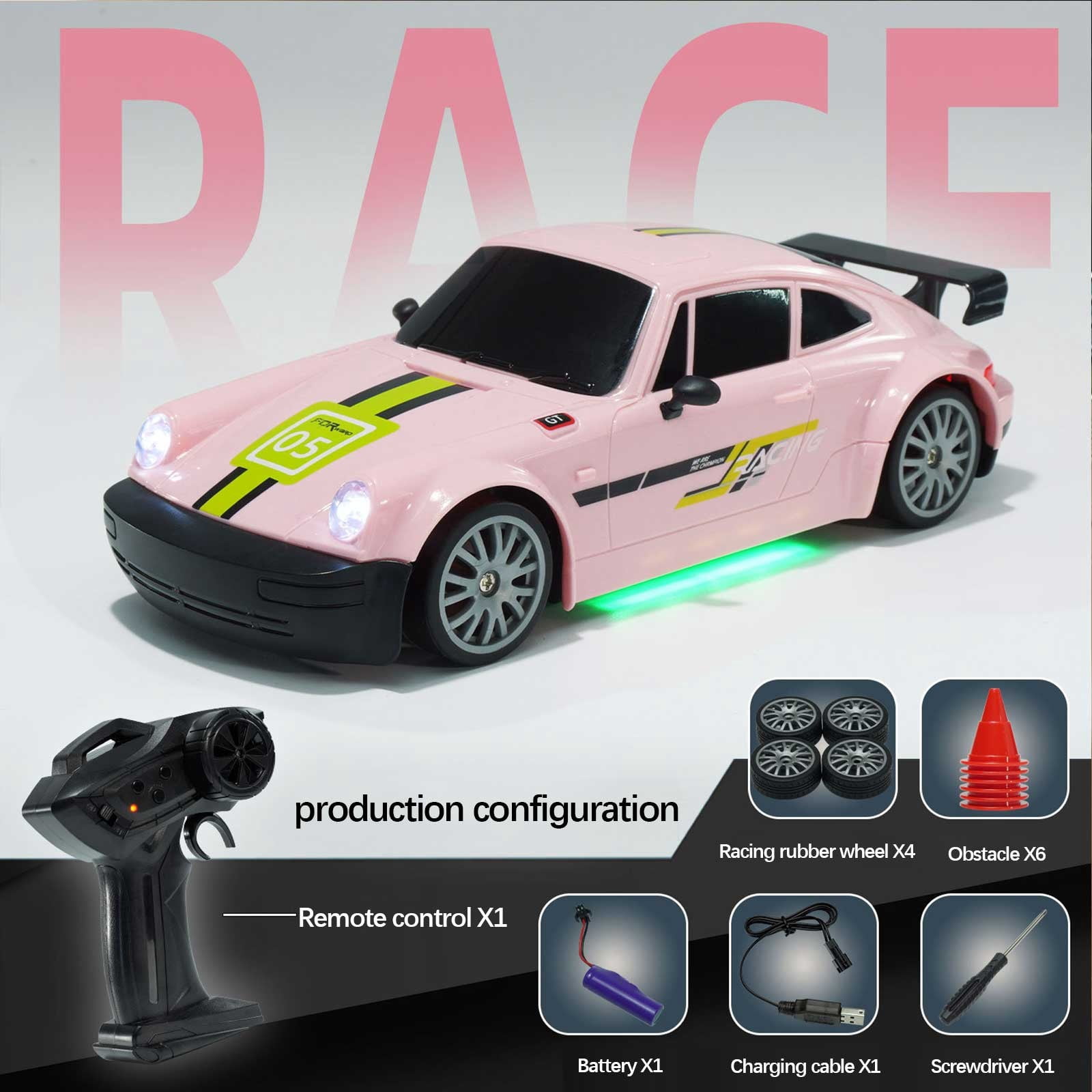 ​1:20 Scale RC Drift Car - 2.4GHz 4WD, 20KM/H High Speed, Rechargeable, LED Lights & Drift Tires (Remote Control Racing Car)​​ A