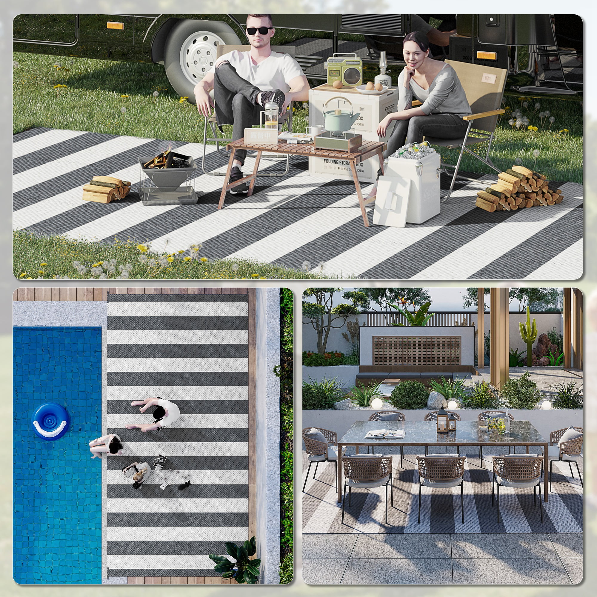 Outsunny Outdoor Rug & Bag, 9' x 18' Plastic Rug, Gray & White