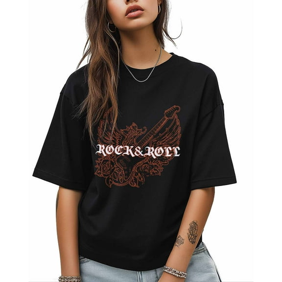 Women's Graphic T-Shirt Black 3XL Women's Tops ROCK Crew Neck Short Sleeve Shirts for Women
