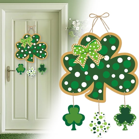 St Patricks Day Shamrock Door Hanger, Green Polka Dot Clover Welcome Sign with Hanging Ornaments, St Patricks Day Decorations for Front Door Porch Wall Decor