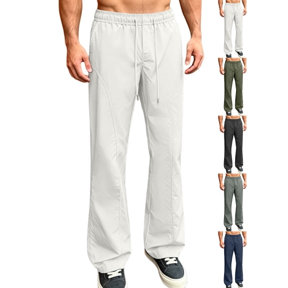 Mens Casual Baggy Pants Solid Color Casual Flared Elastic Waist Drawstring Cargo Pants With Pockets