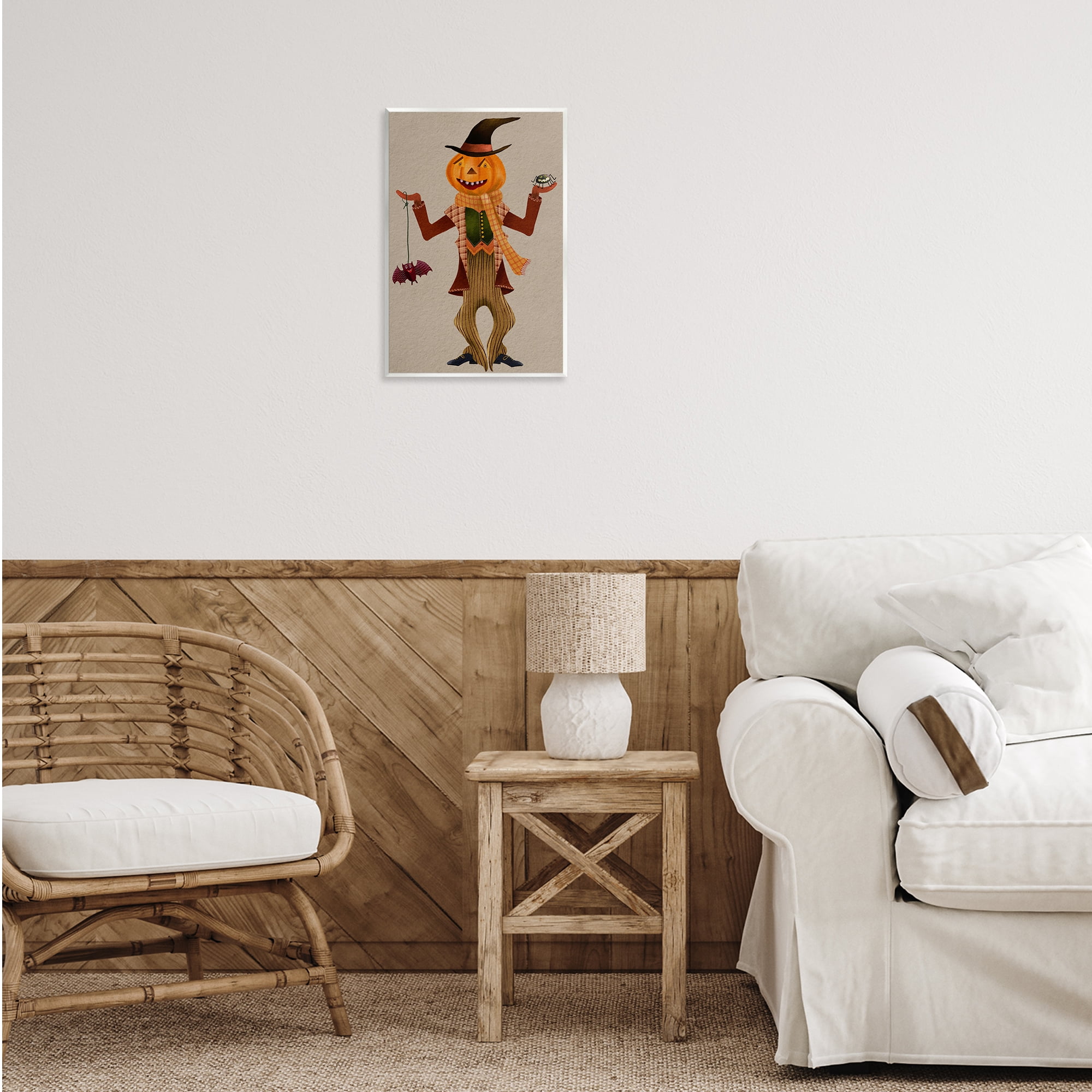 Stupell Industries Halloween Scarecrow & Bat Holiday Painting Unframed Art Print Wall Art, 13 x 19